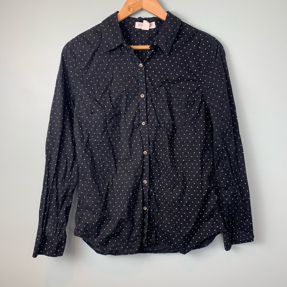 black and white polka dot button down
